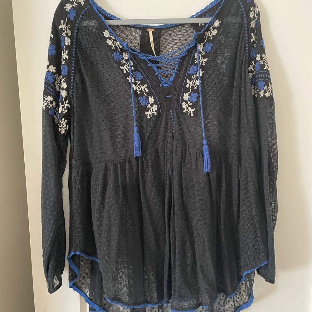 Free people Swiss dot Embroidered Black and Blue Women's Top/blouse/tunic